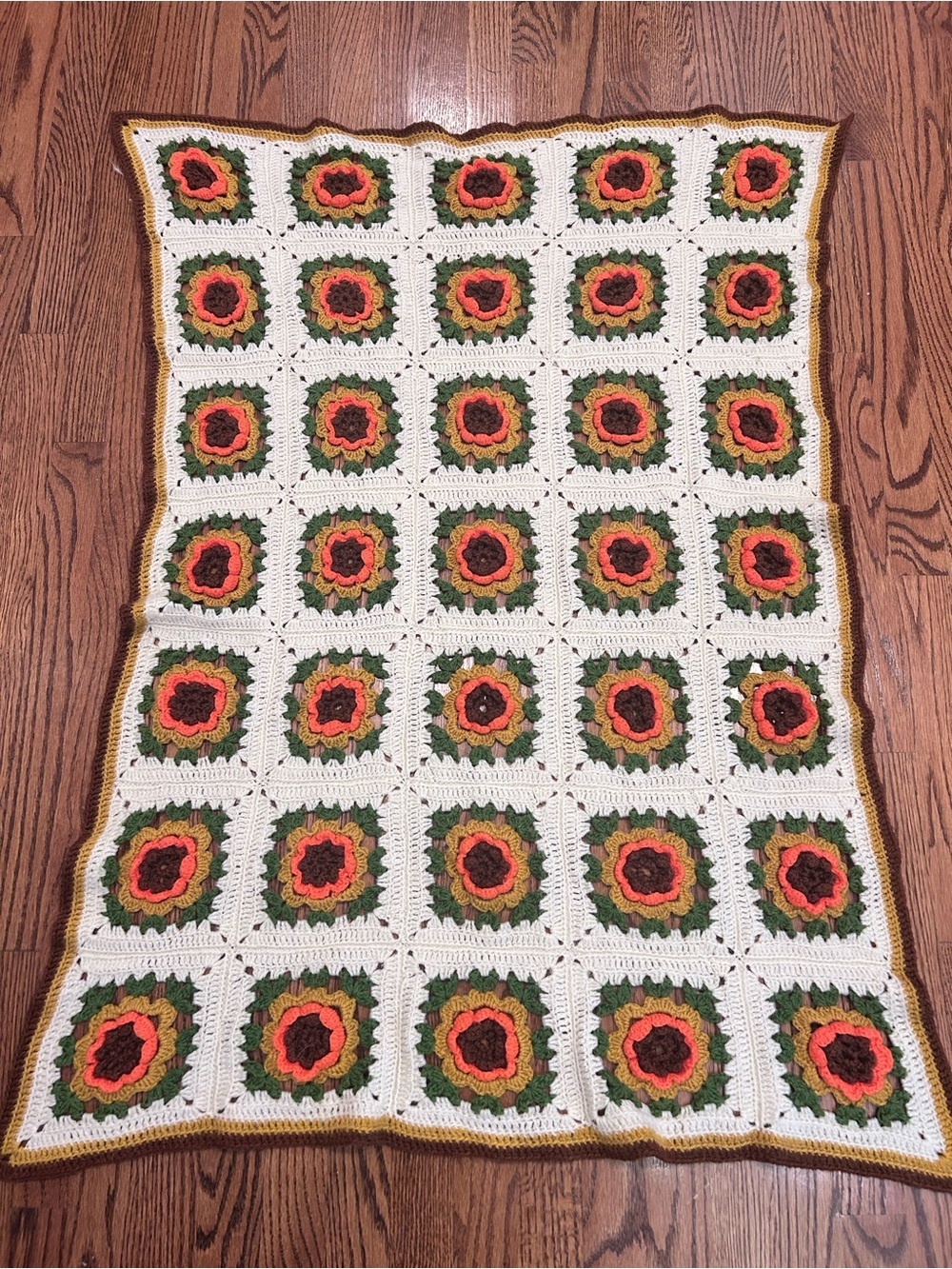 Vintage Handmade Crochet Floral Granny Square Afghan Throw Blanket Boho Fall 70s